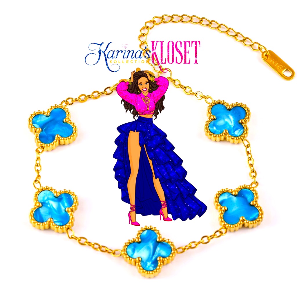 Blue Ocean Marble & Gold Clover Bracelet, 18 Karat Gold Plated